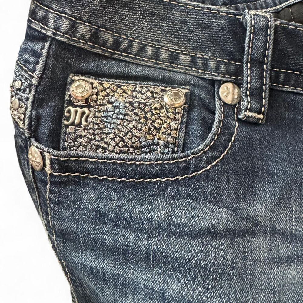 Miss Me Mid Rise Bootcut Jeans Size 28 Metallic Silver Stitch Embellished - Picture 5 of 7